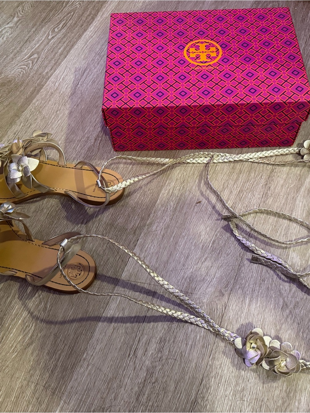 Tory Burch Metallic Gold Braided Floral Lace-Up Sandals gladiator